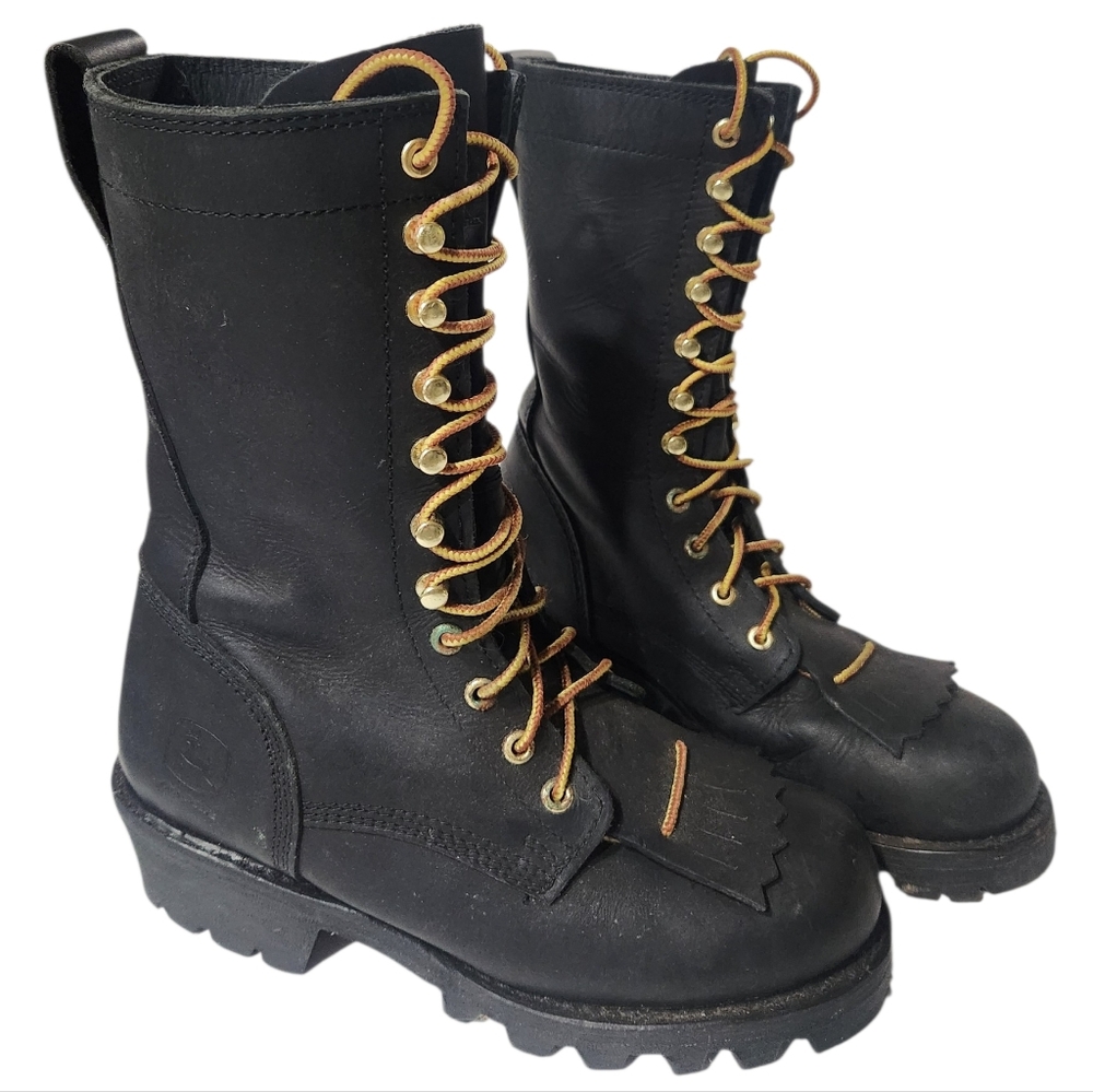 John Deere Black Leather Kiltie Lace-Up Steel Toe Boots Size 7 Like New!